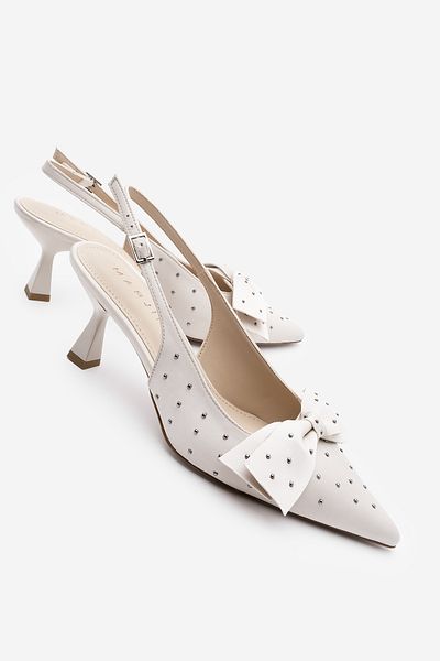 Marjin Women's Stiletto Pointed Toe Bow Studded Slingback Heeled Shoes Borina Ecru Satin