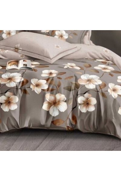 Pucioasa Double Bed Linen Set from Satin-Finished Flannel, Duvet Cover 200x220cm, 6 Pieces, Cream/Brown Flowe