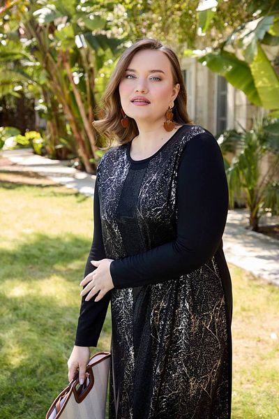 wearon tekstil Women's Long Sleeve Sim Patterned Detailed Large Size Crystal Fabric Long Length Dress