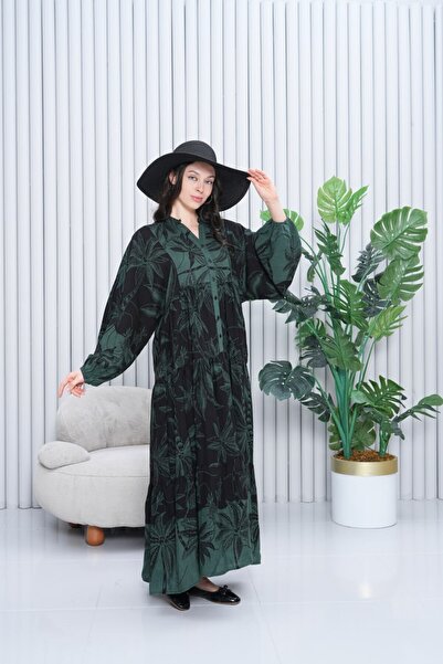 My Blog Khaki Tropical Patterned Plus Size Dress - 3000