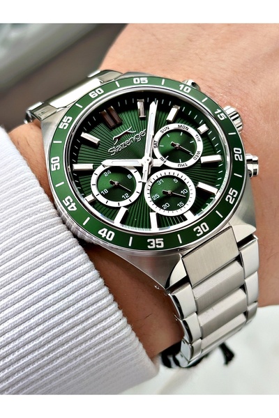 Slazenger Gümüş-Yeşil Renk 10 ATM Su Geçirmezlik Çelik Kordon Çelik Kasa Erke...