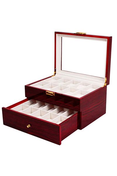 PUFO Wooden Box For Storing And Organizing 20 Watches, Premium Model, Tiered With Drawer