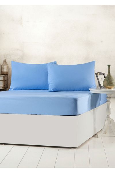 Sivalde 100% Cotton Ranforce Double Fitted Blue Pillowcase Fitted Sheet Set