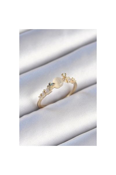 Marsilyan Brass Gold Color Zircon Stone White Enamel Butterfly Detail Women's Ring - Tj-Byk3462