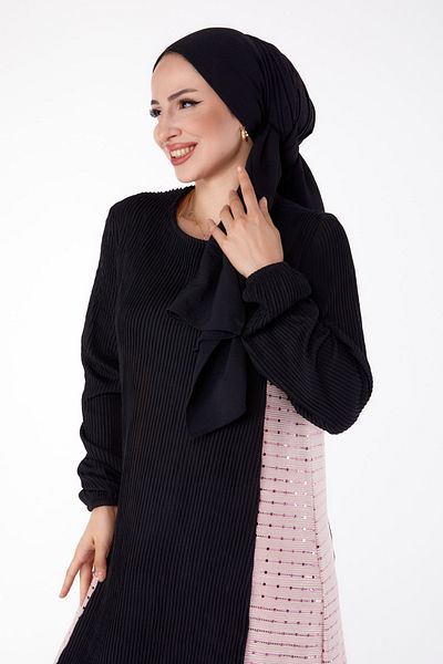 TOFİSA Glittered Ribbed Dress Black Powder - 25628