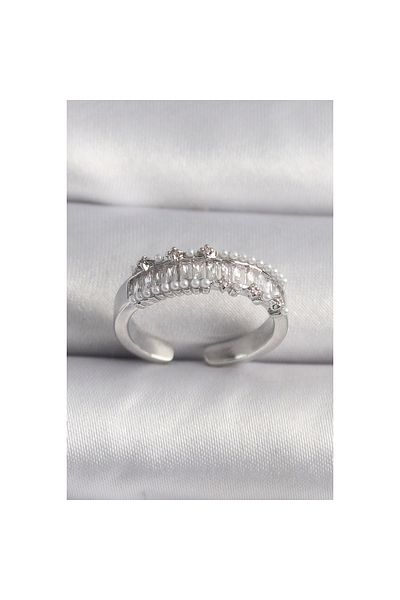 Marsilyan Brass Silver Color Zircon Stone Pearl Detail Vip Series Women's Ring - Tj-Byk3519