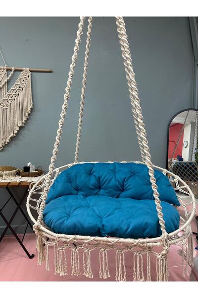 AslanButik Çift Kişilik Makrome Salıncak Hamak Turkuaz Yastık yılbaşı
