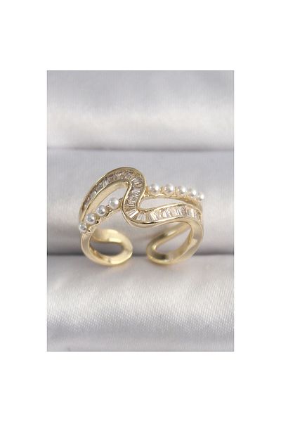 Marsilyan Brass Gold Color Zircon Stone Pearl Detail Vip Series Women's Ring - Tj-Byk3512