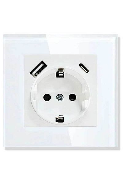 CLASSLIGHTS Priză cu ramă din sticlă securizată, porturi USB-A și USB-C, 16A, alb