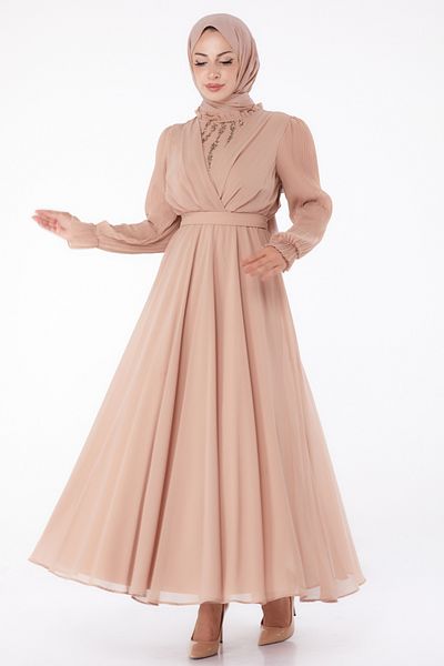 TOFİSA Stone Chiffon Dress Powder - 26256
