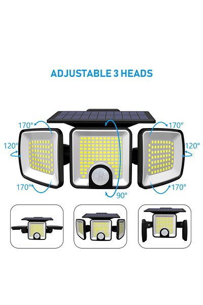 CLASSLIGHTS Proiector solar cu LED-uri de 45w cu 3 capete reglabile și senzor de mișcare, 223 LED-uri