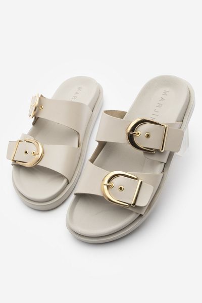 Marjin Women's Genuine Leather Double Banded Buckle Casual Slippers Gepso Ecru