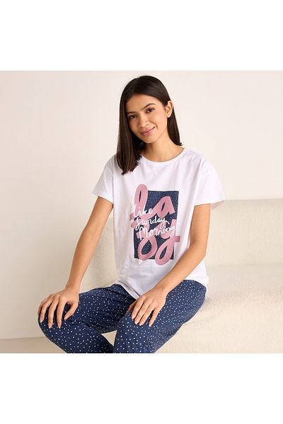 FAV Slogan Print Short Sleeves T-shirt and Pyjama Set
