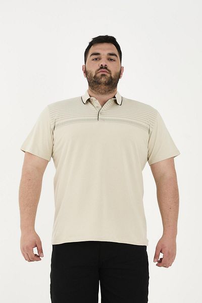 Maccali Men's Patterned Basic Large Size Short Sleeve Oversize Polo Neck T-Shirt Cream