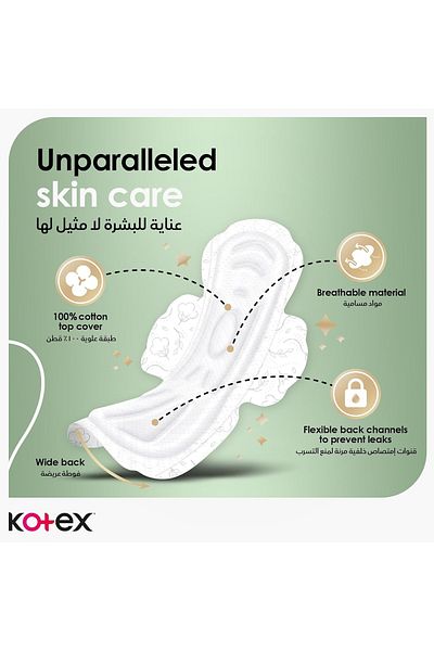 Kotex Natural Maxi Protect 100% Cotton Overnight Sanitary Pads with Wings 44 pcs – Soft & Absorbent