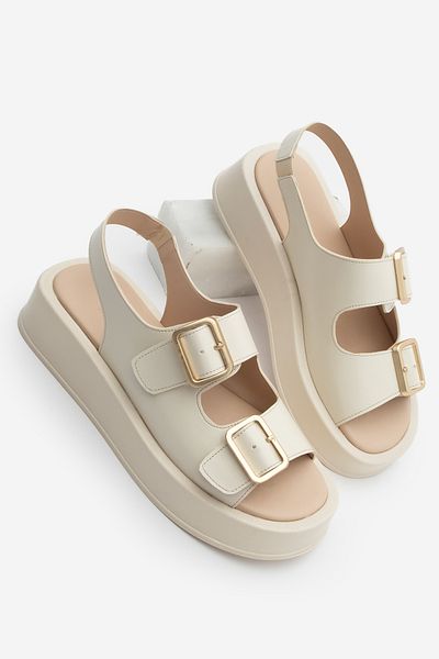 Marjin Women's Double Banded Buckle Thick Sole Back Elastic Casual Sandals Nolte Ecru