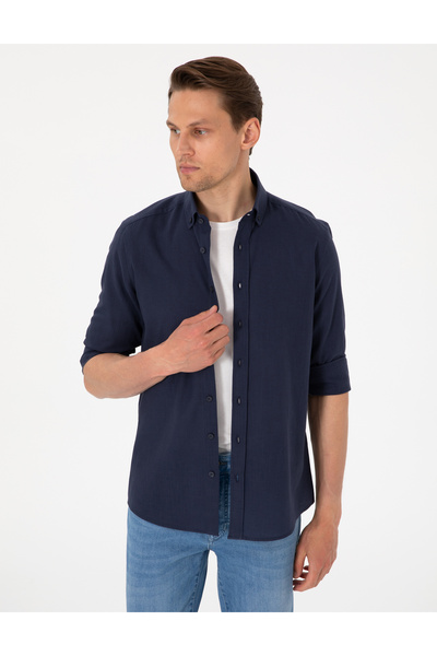 Pierre Cardin Koyu Lacivert Keten Görünümlü Slim Fit Uzun Kollu Gömlek 503070...