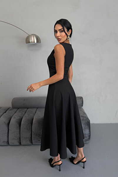 Ortaya Çık Black Zero Sleeve Stitching Detailed Dress