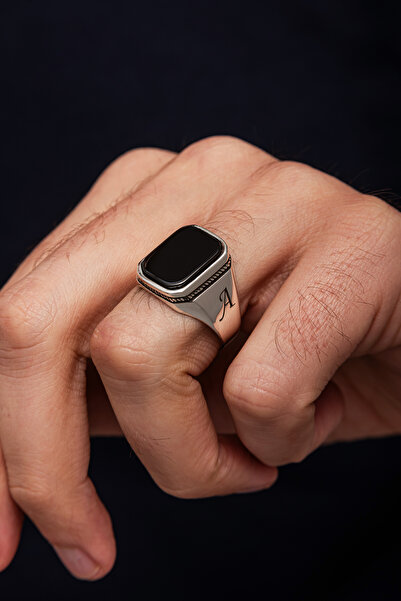 ALYANSEVİM Oniks Taşlı Harfli 925 Gümüş Yüzük