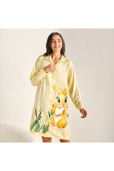 FAV Bunny Print Sleepshirt with Camp Collar and Long Sleeves