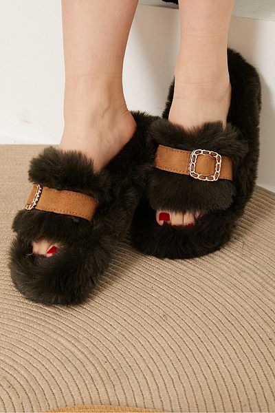 TOFİSA Women's Dark Khaki Buckle Slippers - 26406