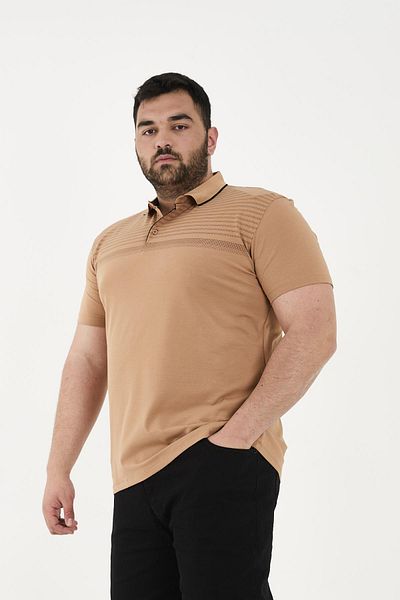 Maccali Men's Patterned Basic Large Size Short Sleeve Oversize Polo Neck T-Shirt Beige
