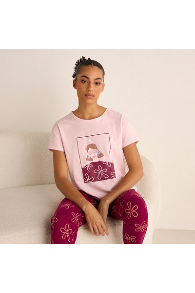 FAV Floral Print Short Sleeves T-shirt and Pyjama Set