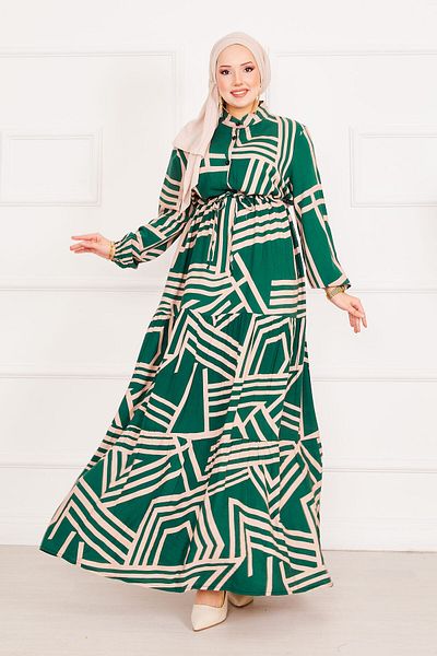 EBRUTESETTÜR Half Buttoned Lace up Waist Hijab Dress