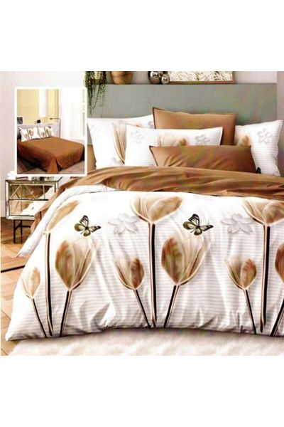Pucioasa Lenjerie de pat dublu din finet, cearceaf pilota 200x220cm, set 6 piese, Lalele bej
