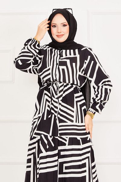 EBRUTESETTÜR Half Buttoned Lace up Waist Hijab Dress