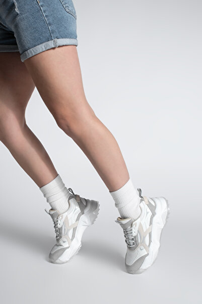 Marjin Γυναικεία αθλητικά παπούτσια White Mizon - Αθλητικά παπούτσια με χοντρή σόλα και κορδόνια