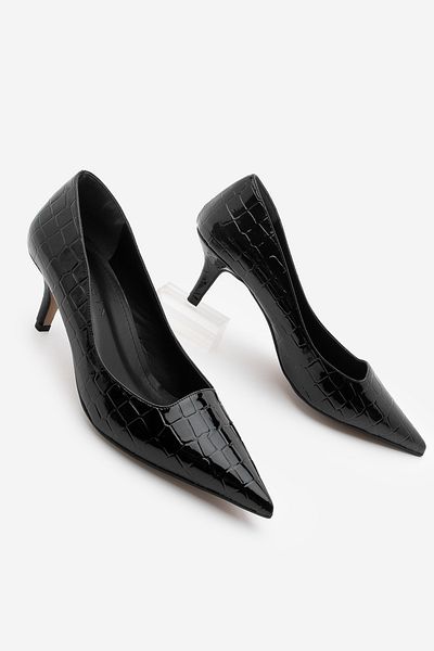 Marjin Women's Stiletto Croco Patterned Heeled Shoes Olfin Black Croco