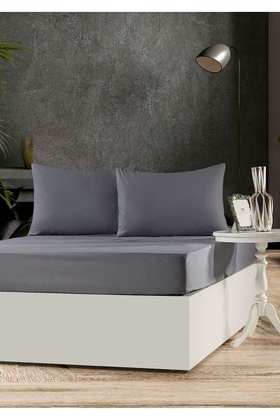 Sivalde 100% Cotton Ranforce Double Fitted Anthracite Pillowcase Elastic Sheet Set