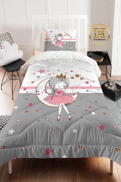 EVSEHOMES GRİ PEMBE ŞERİT AYDA KIZ YORGAN SETİ ( YORGAN - YASTIK KILIFI )