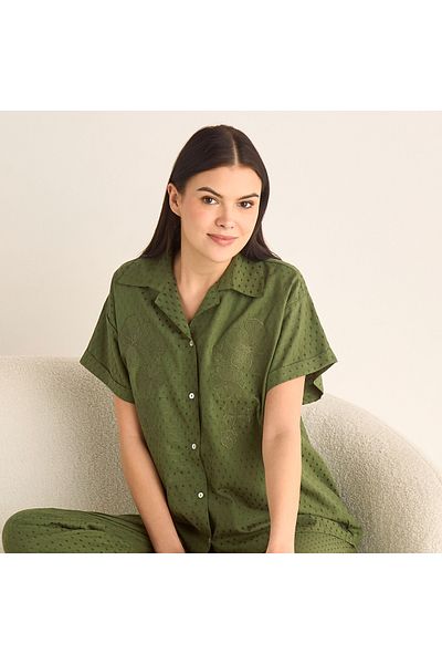 FAV Floral Embroidered Dobby Shirt and Elasticated Pyjama Set