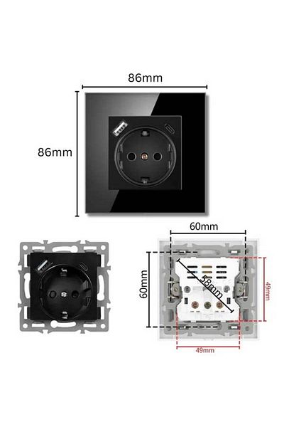 CLASSLIGHTS Priză cu ramă din sticlă securizată, porturi USB-A și USB-C, 16A, negru