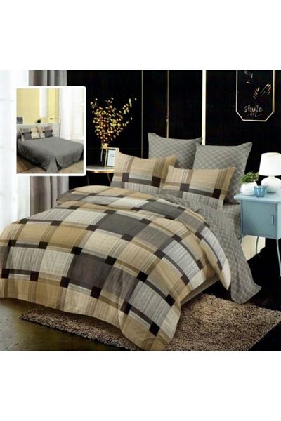 Pucioasa Double Bedding Set Made of Finet, Duvet Cover 200x220cm, 6-Piece, Beige/Gray Plaid