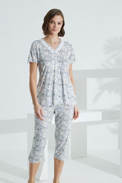 Anastasia Underwear Pajama Suit Capri Short Sleeve Front Half Buttoned Lace Flower Pattern Quality Model