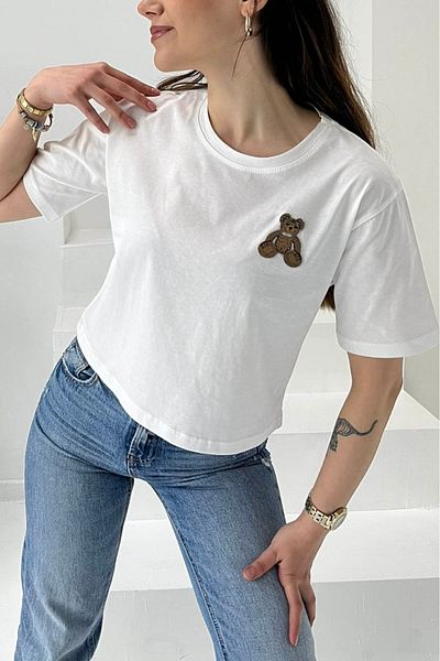 TOFİSA Teddy Bear Embroidered Short Sleeve T-Shirt White - 27030
