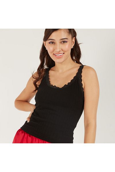 FAV Textured Sleeveless Camisole with Scoop Neck and Lace Detail