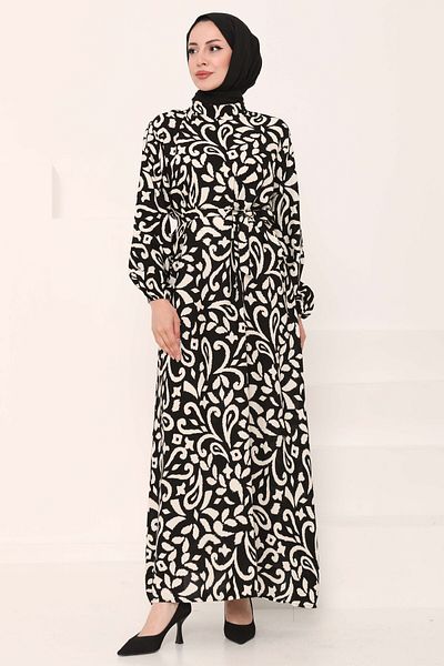 TOFİSA Belted Patterned Dress Black - 27042