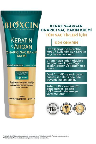 Bioxcin Keratin and Argan Repair Hair Care Cream - 2 Pieces, 250 ML, Damaged and Sensitive Hair