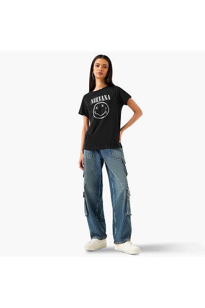 SP Characters Nirvana Print Crew Neck T-shirt with Short Sleeves