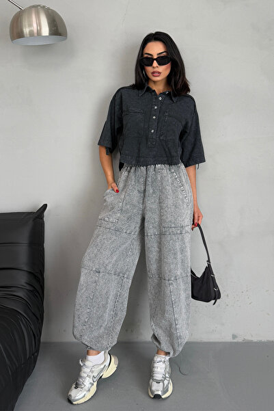 Ortaya Çık Πουκάμισο με κοντό μανίκι με λεπτομέρεια πλυσίματος από ανθρακί