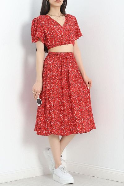 sharin Women's Summer V Neck Crop Double Skirt Blouse Floral Print Set 3C-2320