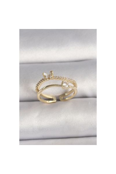 Marsilyan Brass Gold Color Zircon Stone Detailed Butterfly Figure Adjustable Ring - Tj-Byk3527