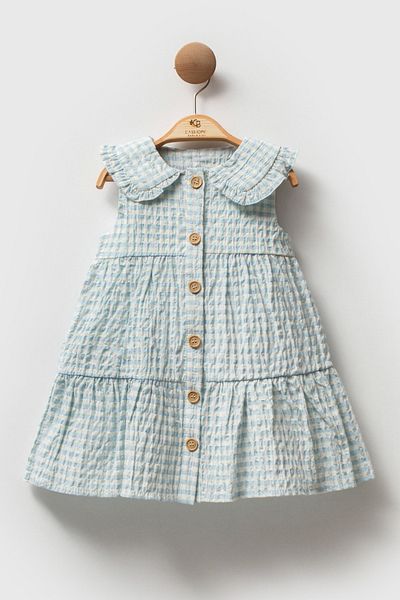 Cassiope Plaid Flounce Sleeveless Wooden Button Detailed Ruffled Collar Summer Baby Girl Dress
