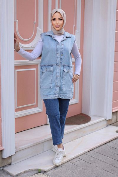 TOFİSA سترة نسائية من الدنيم بجيب حقيبة أزرق فاتح - 26575