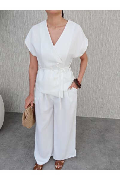 ESRAHELVACI Double Breasted Tie Front Palazzo Trousers Suit