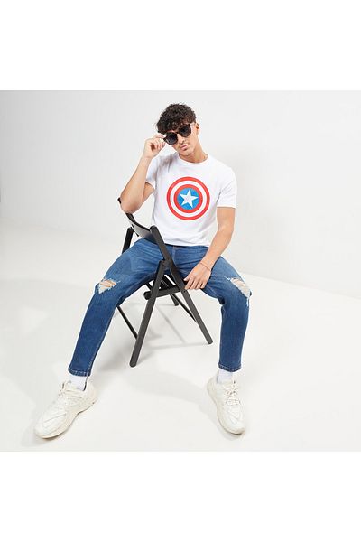 SP Characters Captain America Print Crew Neck Slim Fit T-shirt with Short Sleeves